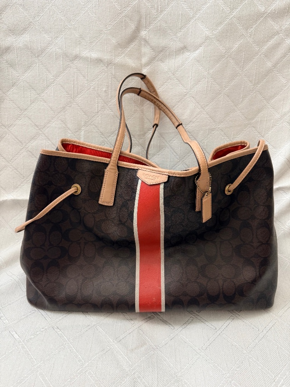 Coach Signature Brown Tote Bag Red Stripe Tan Leather Trim